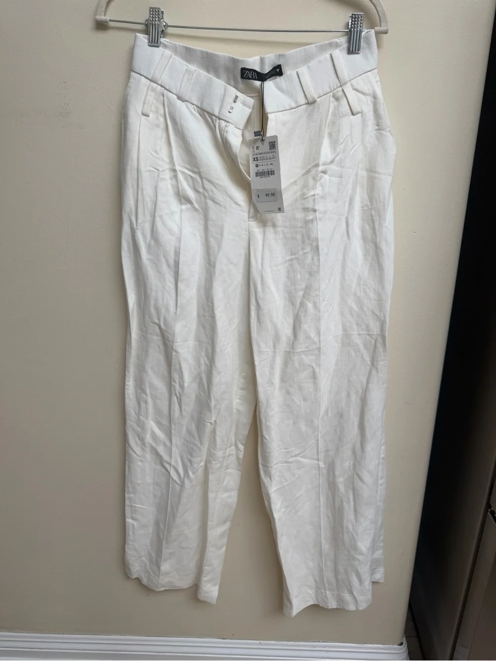 Zara White Pleated Linen-Blend Wide Leg Pants